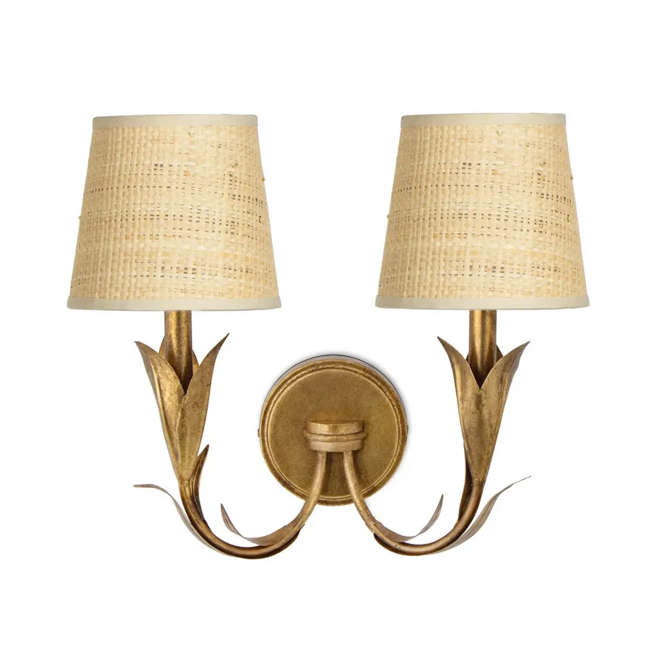 River Reed Sconce Double Antique Gold Leaf with Rattan Shade