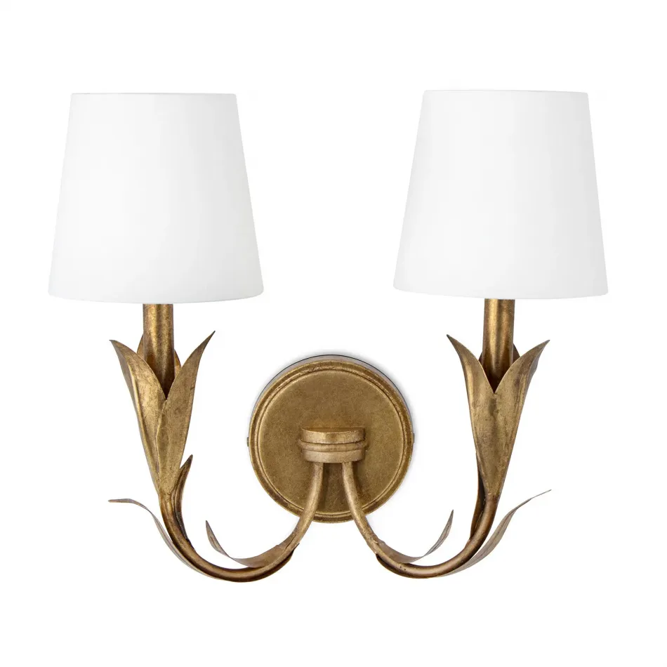 River Reed Sconce Double Antique Gold Leaf with Natural Linen Shade