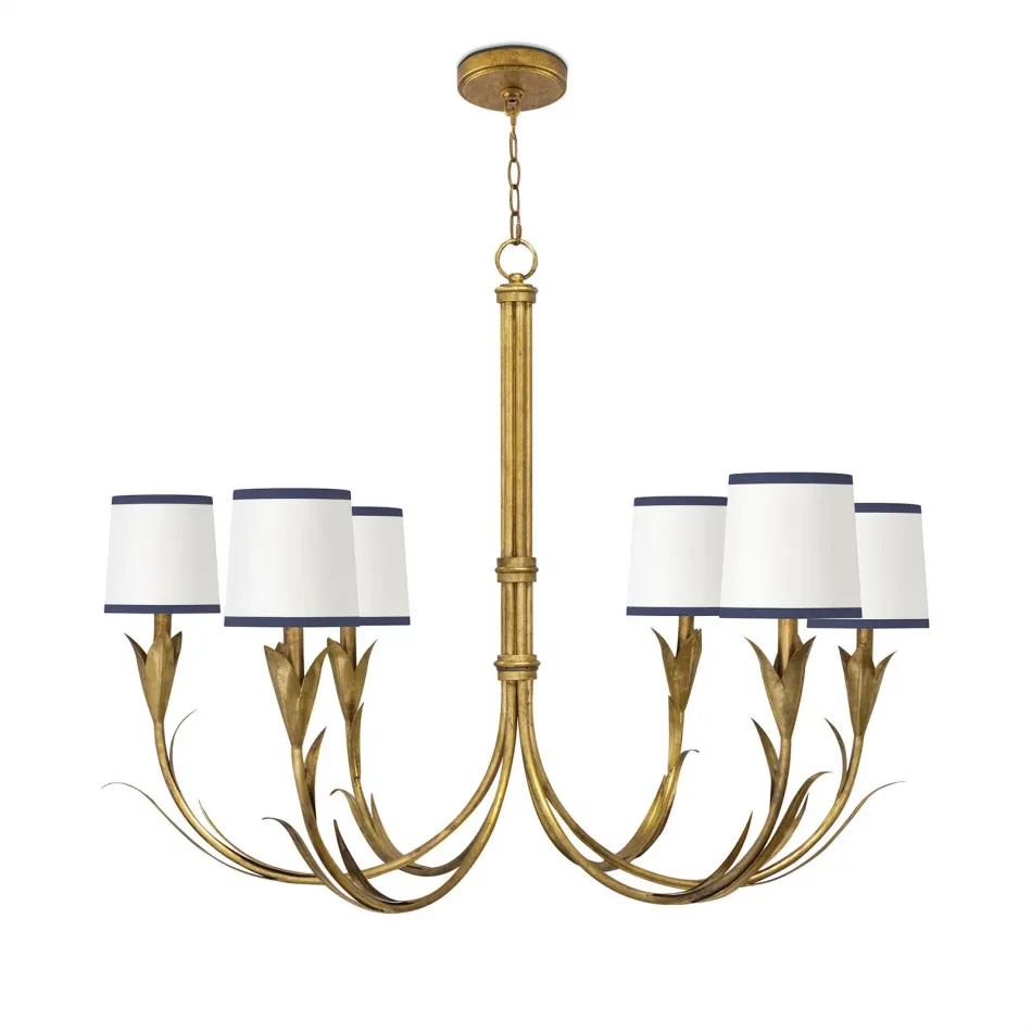 River Reed Chandelier Small Antique Gold Leaf with Navy Shade