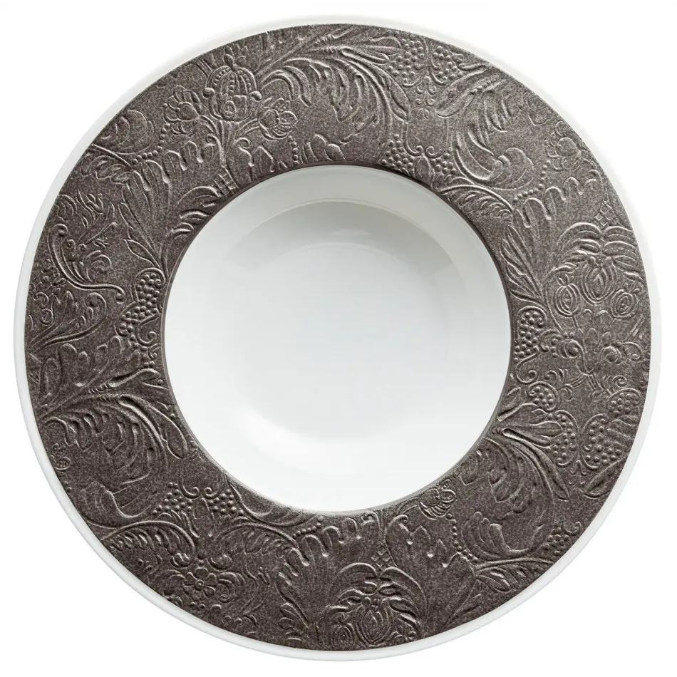 Italian Renaissance Irise Dark Grey  French Rim Soup Plate With Engraved Rim 10.6 Dark Grey