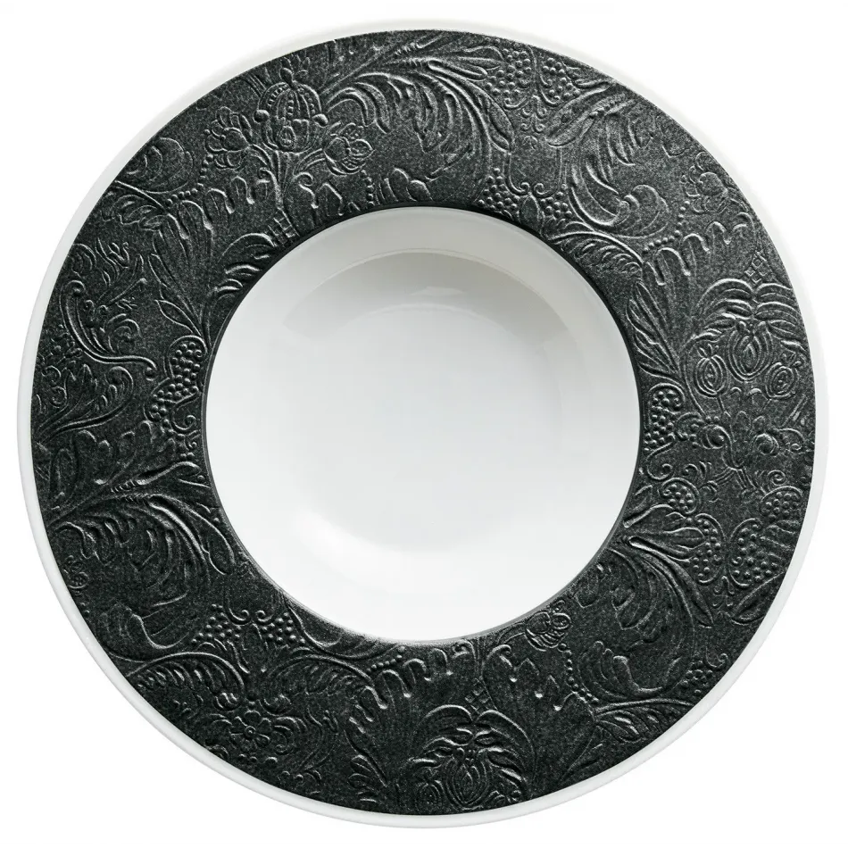 Italian Renaissance Irise Black Matte French Rim Soup Plate with engraved rim 10.6