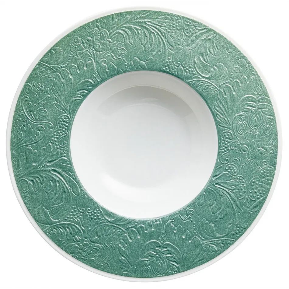 Italian Renaissance Irise Turquoise  French Rim Soup Plate With Engraved Rim 10.6 Turquoise