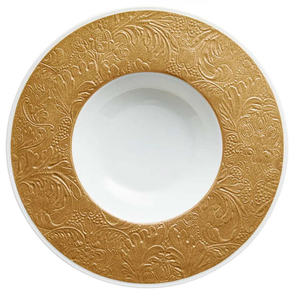 Italian Renaissance Irise Gold French Rim Soup Plate With Engraved Rim 10.6 Gold