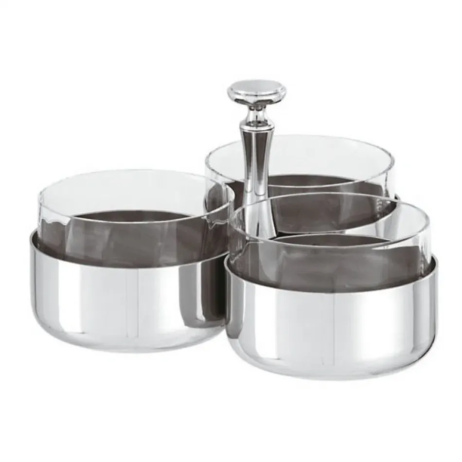 Elite Relish Dish 3 Comp. W/Crystal Insert Round 3 3/8 Silverplated