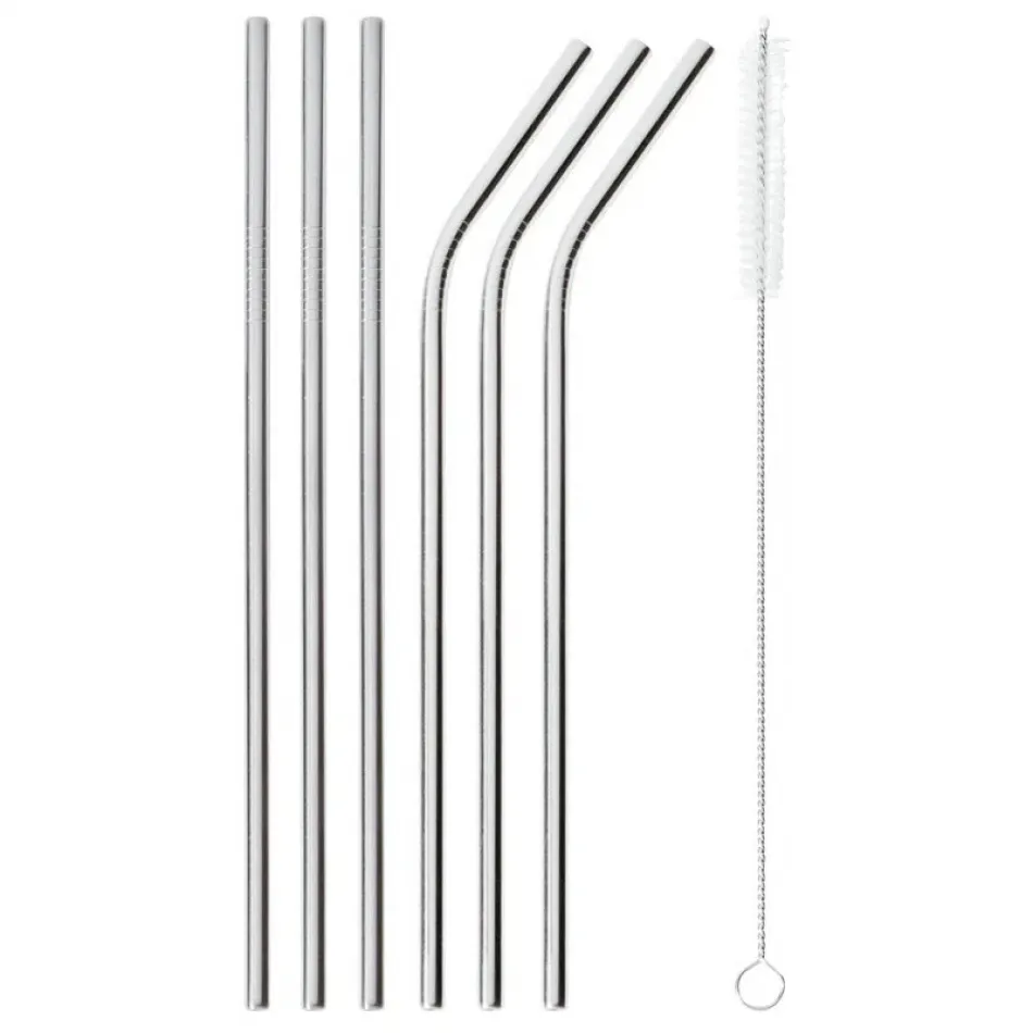 Mix & Play Straws Set 6 Pcs With Brush Mix & Play, 3 Pcs Straight, 3Pcs Curved Round 1/4 18/10 Stainless Steel