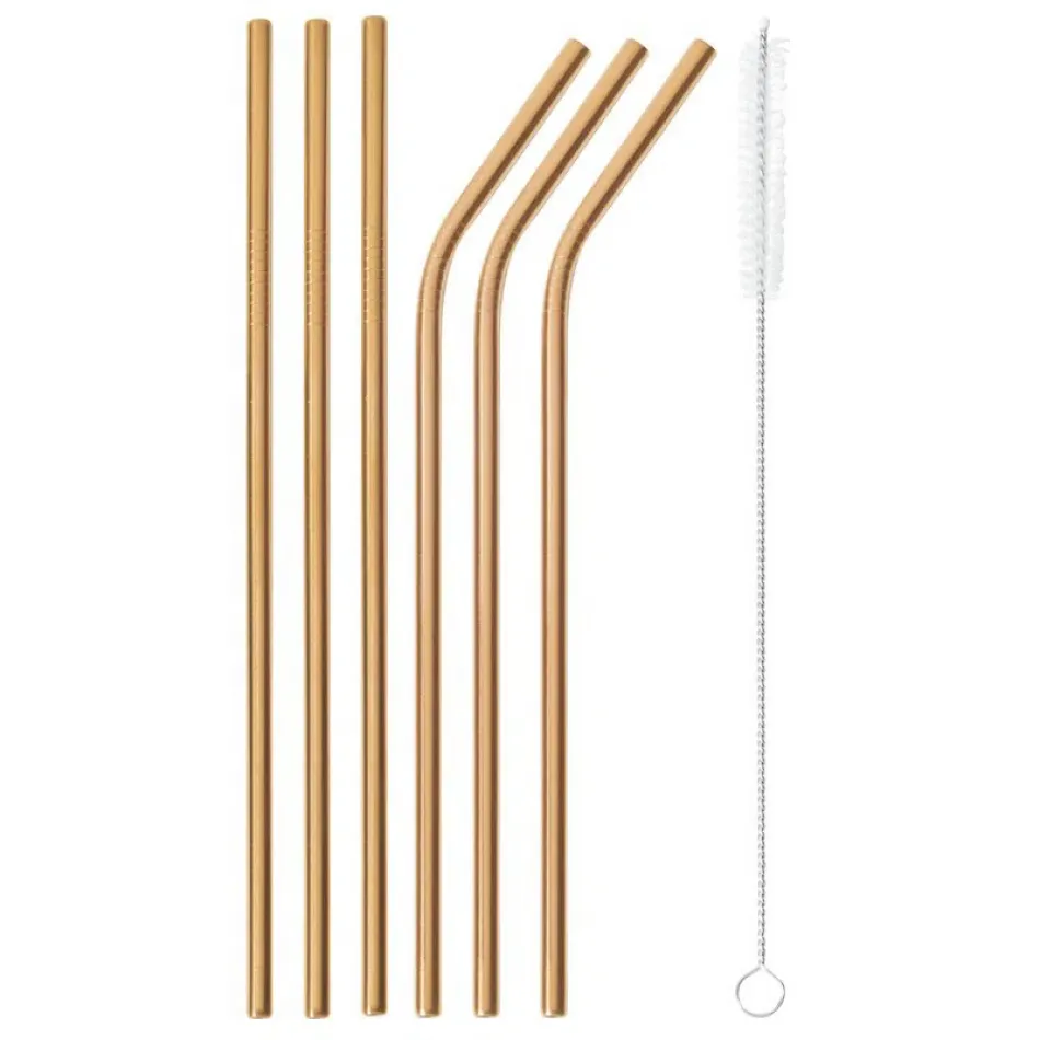 Mix & Play Straws Set 6 Pcs With Brush Mix & Play, 3 Pcs Straight, 3Pcs Curved Pvd Copper