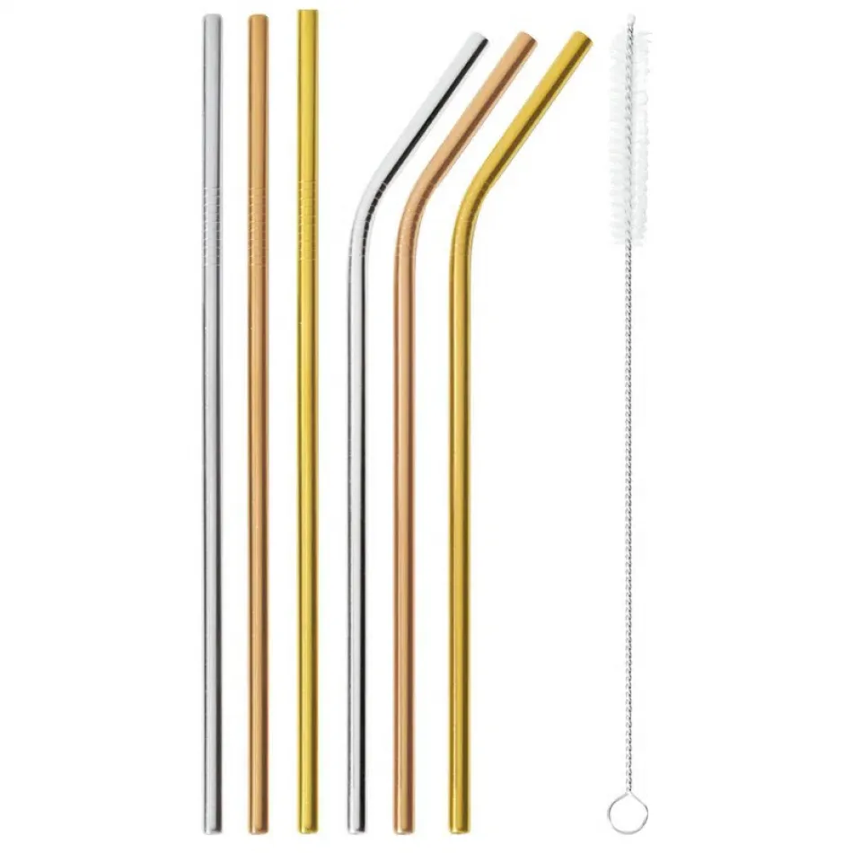 Mix & Play Straws Set 6 Pcs With Brush 3 Pcs Straight, 3Pcs Curved Round 1/4 Pvd Assorted - Black, Gold, Copper