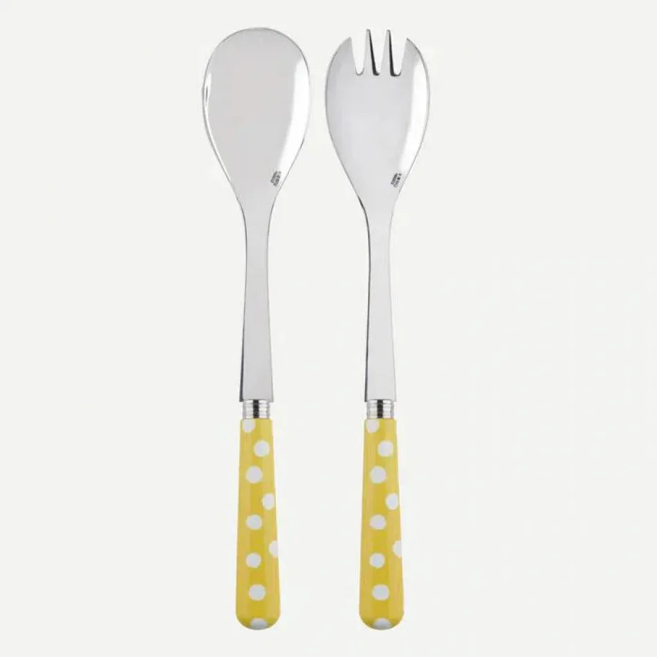 White Dots Yellow Salad Serving Set 10.25" (Serving Fork, Serving Spoon)