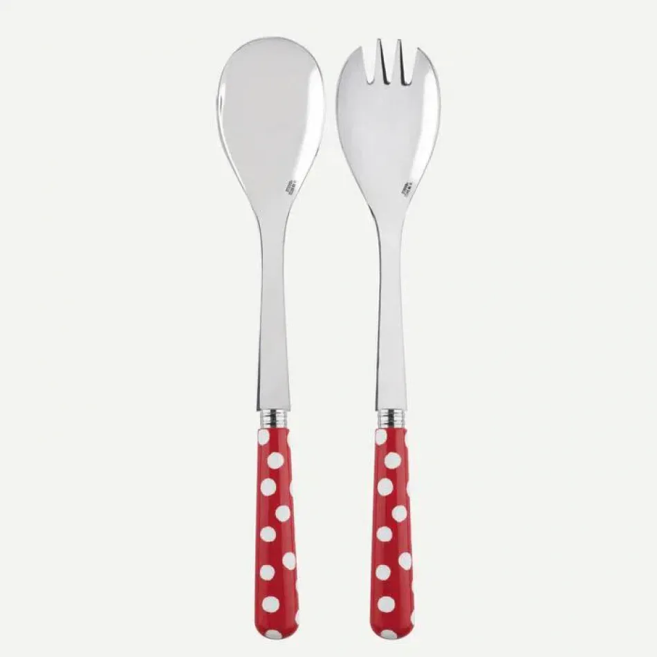 White Dots Red Salad Serving Set 10.25" (Serving Fork, Serving Spoon)