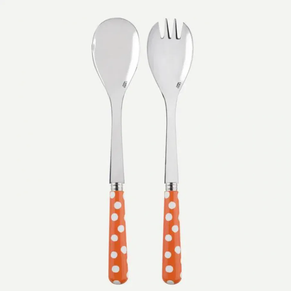 White Dots Orange Salad Serving Set 10.25" (Serving Fork, Serving Spoon)