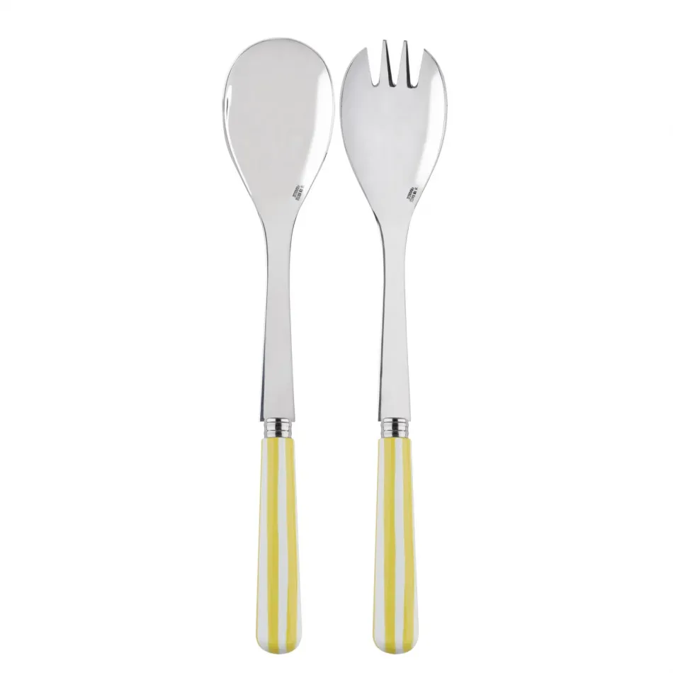 White Stripe Yellow 2-Pc Salad Serving Set 10.25" (Fork, Spoon)