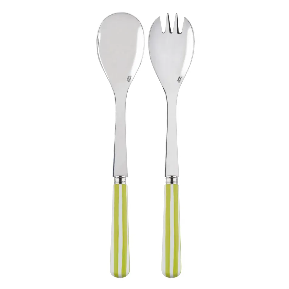 White Stripe Lime 2-Pc Salad Serving Set 10.25" (Fork, Spoon)