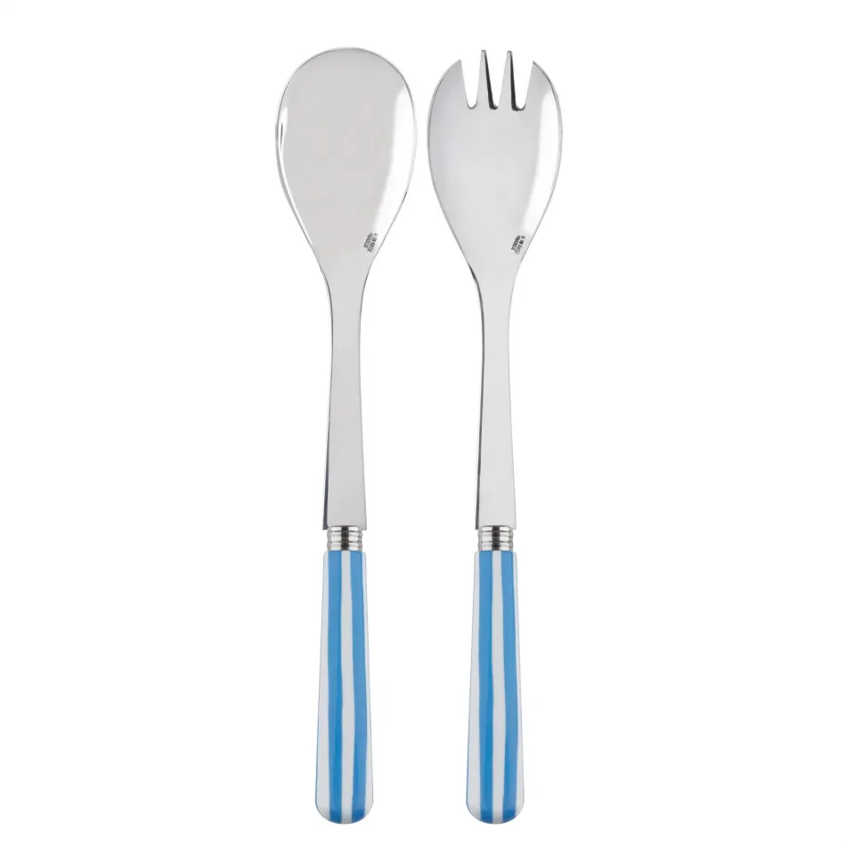 White Stripe Light Blue 2-Pc Salad Serving Set 10.25" (Fork, Spoon)