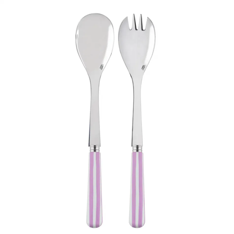 White Stripe Pink 2-Pc Salad Serving Set 10.25" (Fork, Spoon)