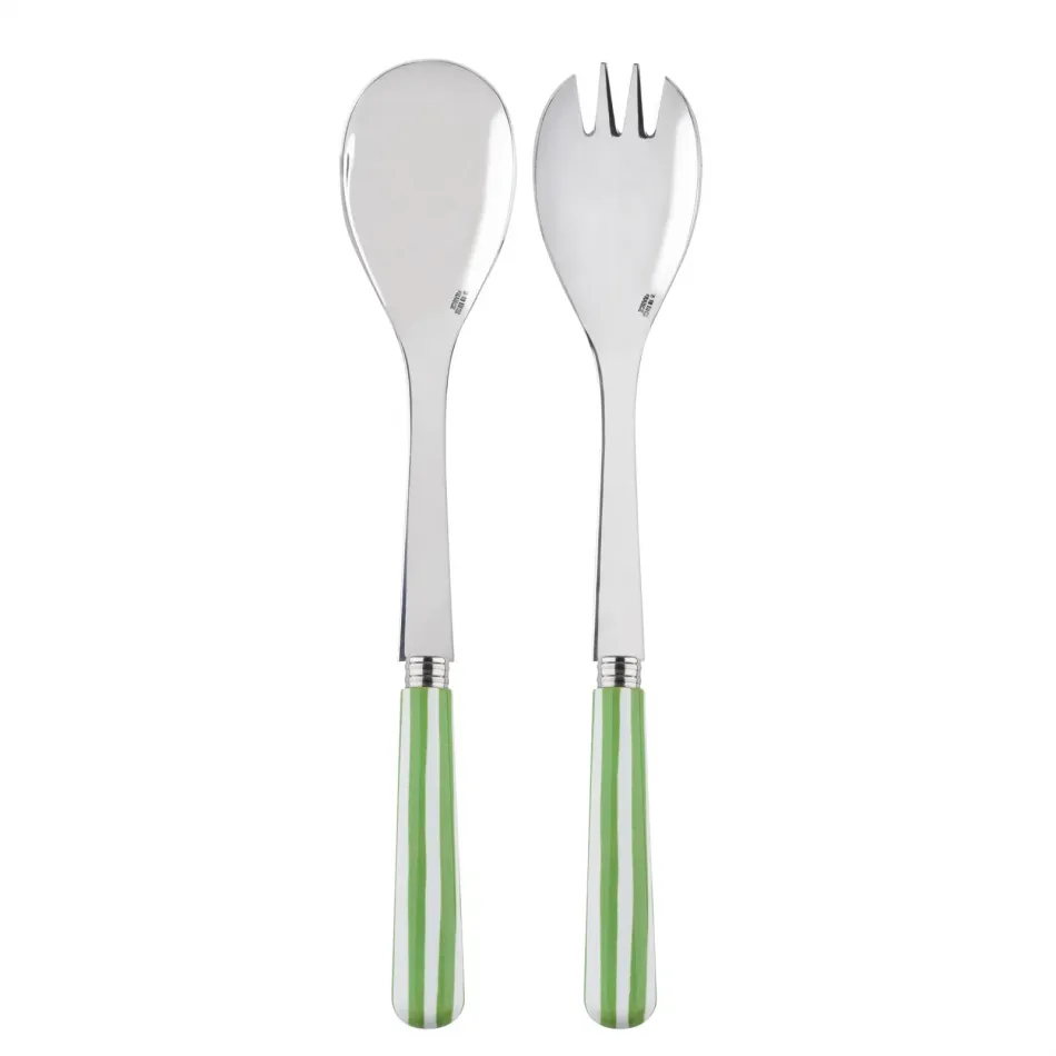 White Stripe Garden Green 2-Pc Salad Serving Set 10.25" (Fork, Spoon)