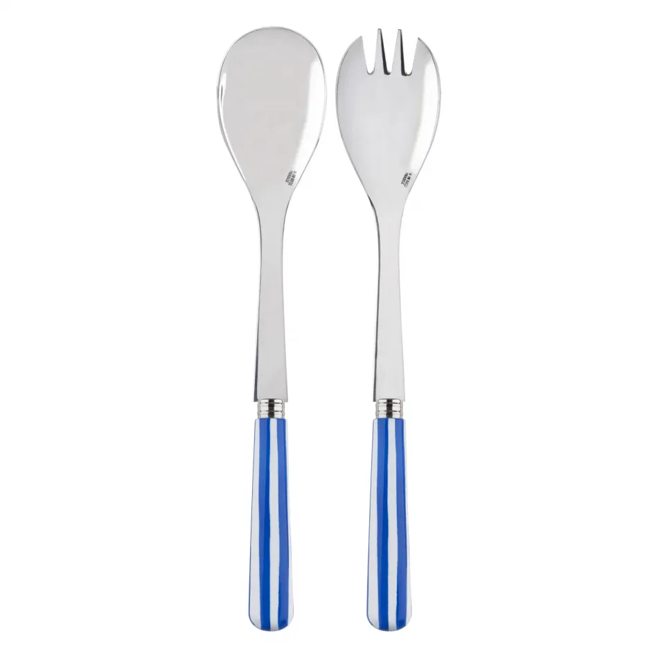 White Stripe Lapis Blue 2-Pc Salad Serving Set 10.25" (Fork, Spoon)