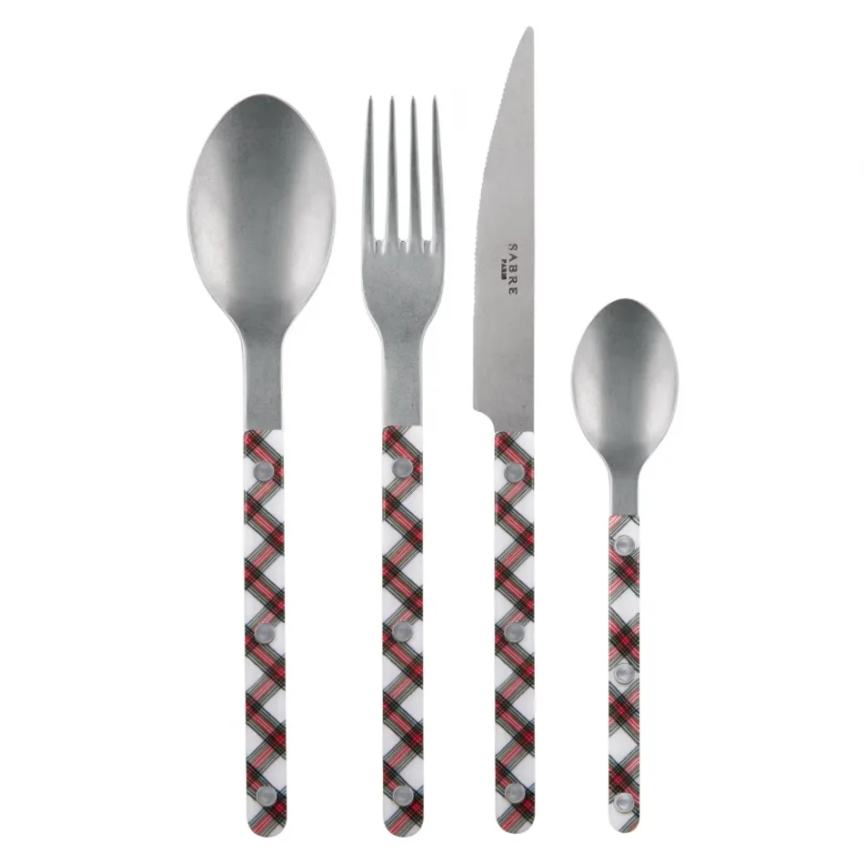 Bistrot Vintage Tartan White 4-Pc Setting (Dinner Knife, Dinner Fork, Soup Spoon, Teaspoon)