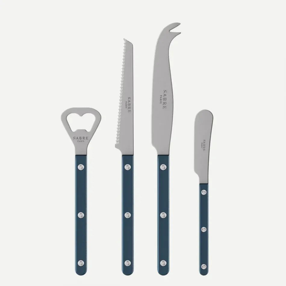Bistrot Vintage Pearly Steel Blue Bistrot Aperitif Set (Bottle Opener, Tomato Knife, Cheese Knife Large, Butter Spreader)