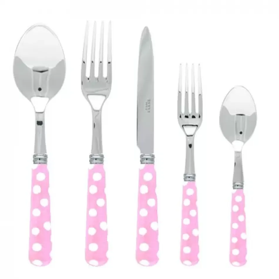 White Dots Pink 5-Pc Setting (Dinner Knife, Dinner Fork, Soup Spoon, Salad Fork, Teaspoon)