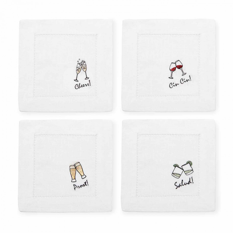 Cheers Set of 4 Cocktail Napkin 6 x 6 White Multi