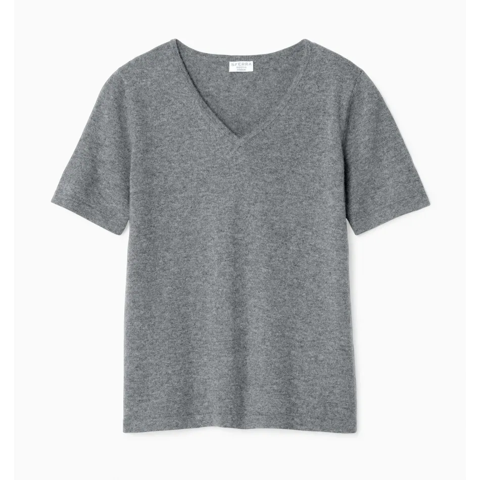Intimita Grey Women's Cashmere V-Neck Short Sleeve Tee XS