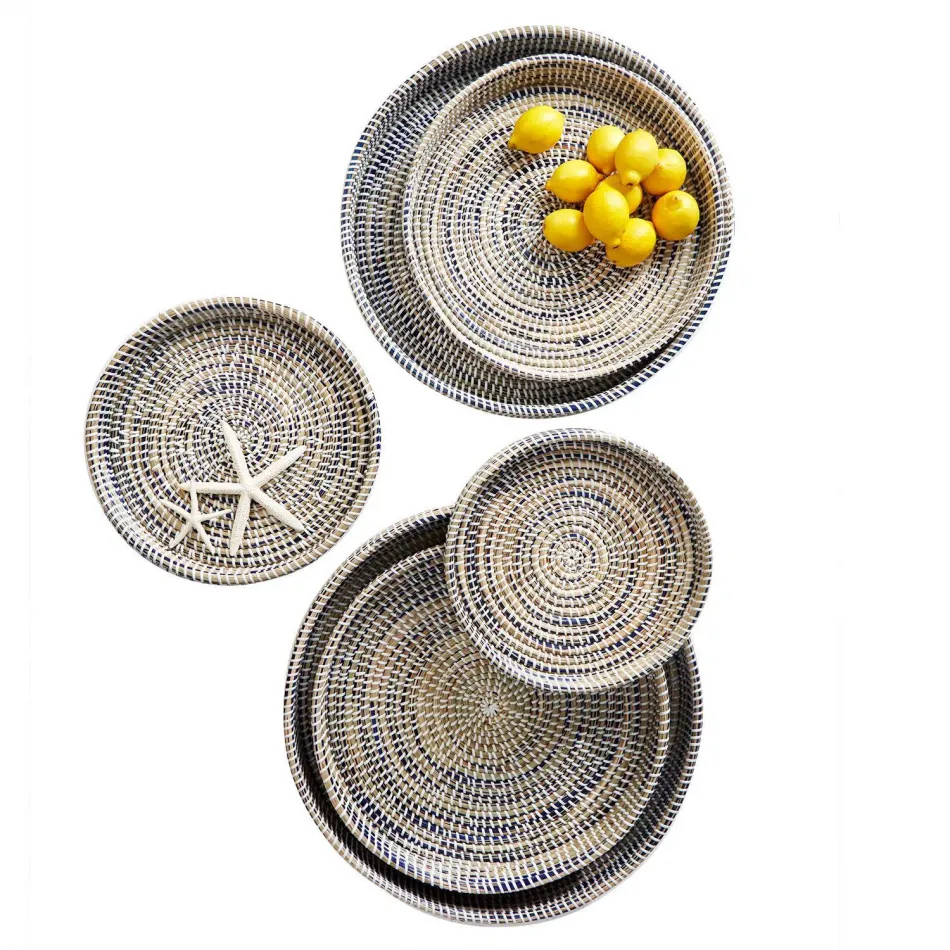Set of 6 Nested Woven Trays in Blue/Natural Seagrass/Plastic