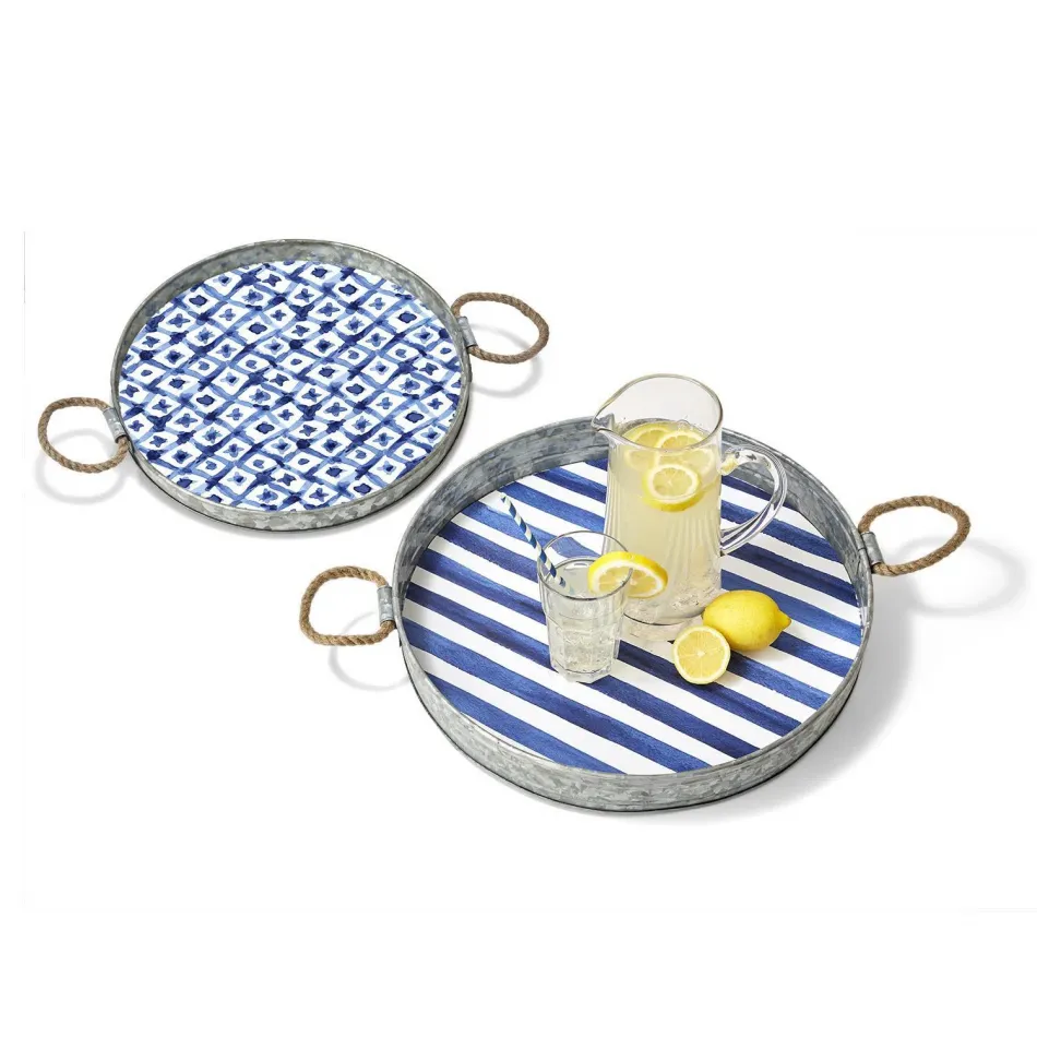 Santorini Set of 2 Serving Trays with Blue and White Watercolor Pattern and Rope Handles Galvanized Iron/Jute