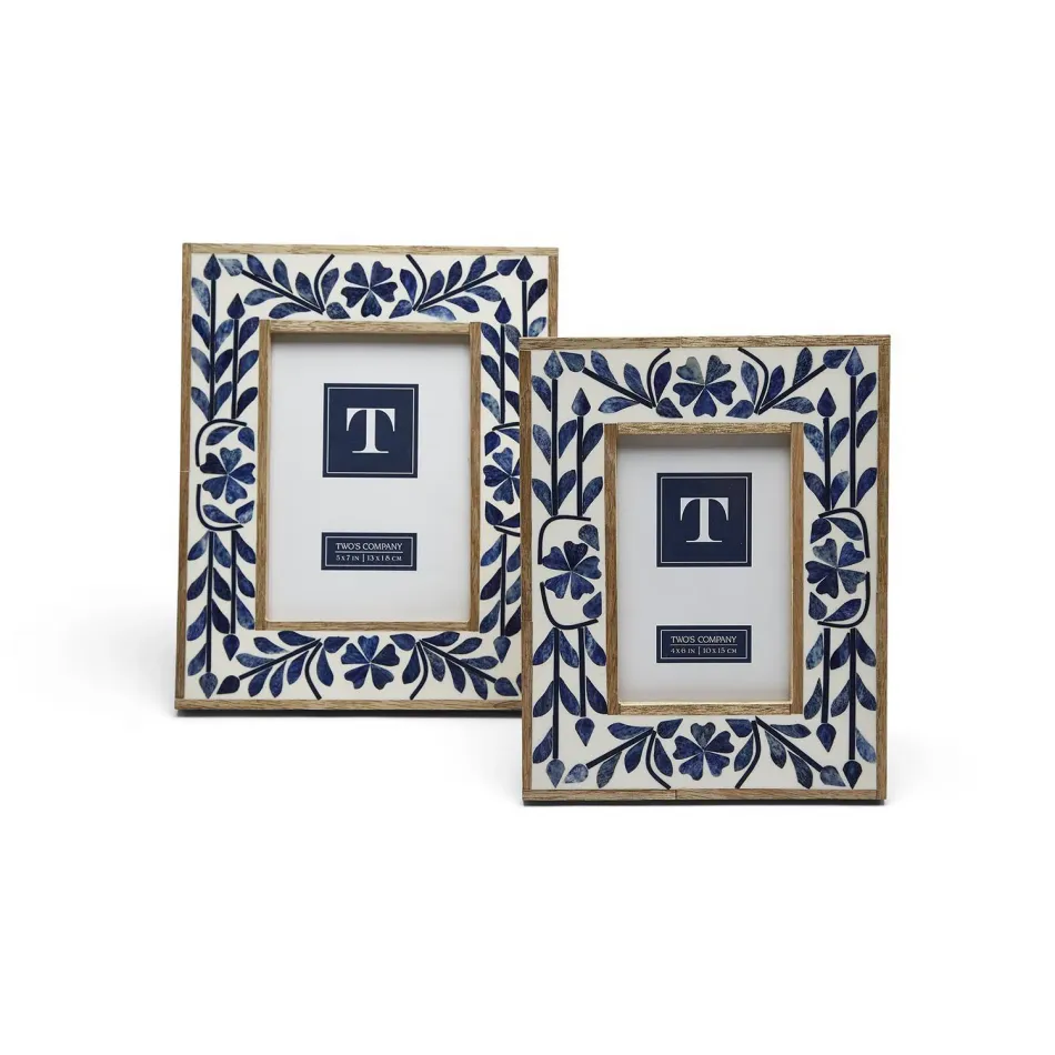 Blue Belle Set of 2 Bone Inlay Photo Frames (4" x 6", 5" x 7") Bone/Resin/Mango Wood/Glass