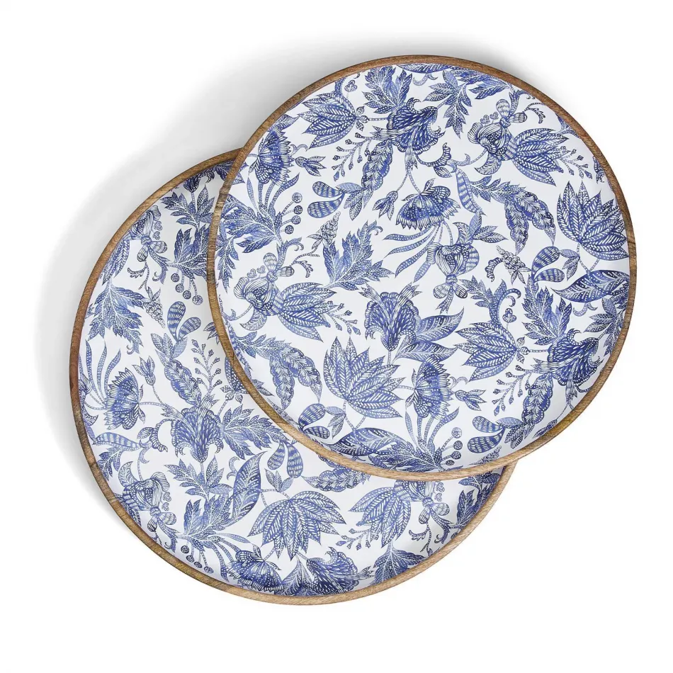 Blue Batik Set of 2 Hand-Crafted Wood Round Trays Mango Wood/Lacquer