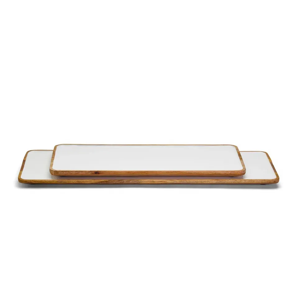 Grazing Soiree Set of 2 Long Rectangular Serving Board Platters with White Enamel Mango Wood/Enamel