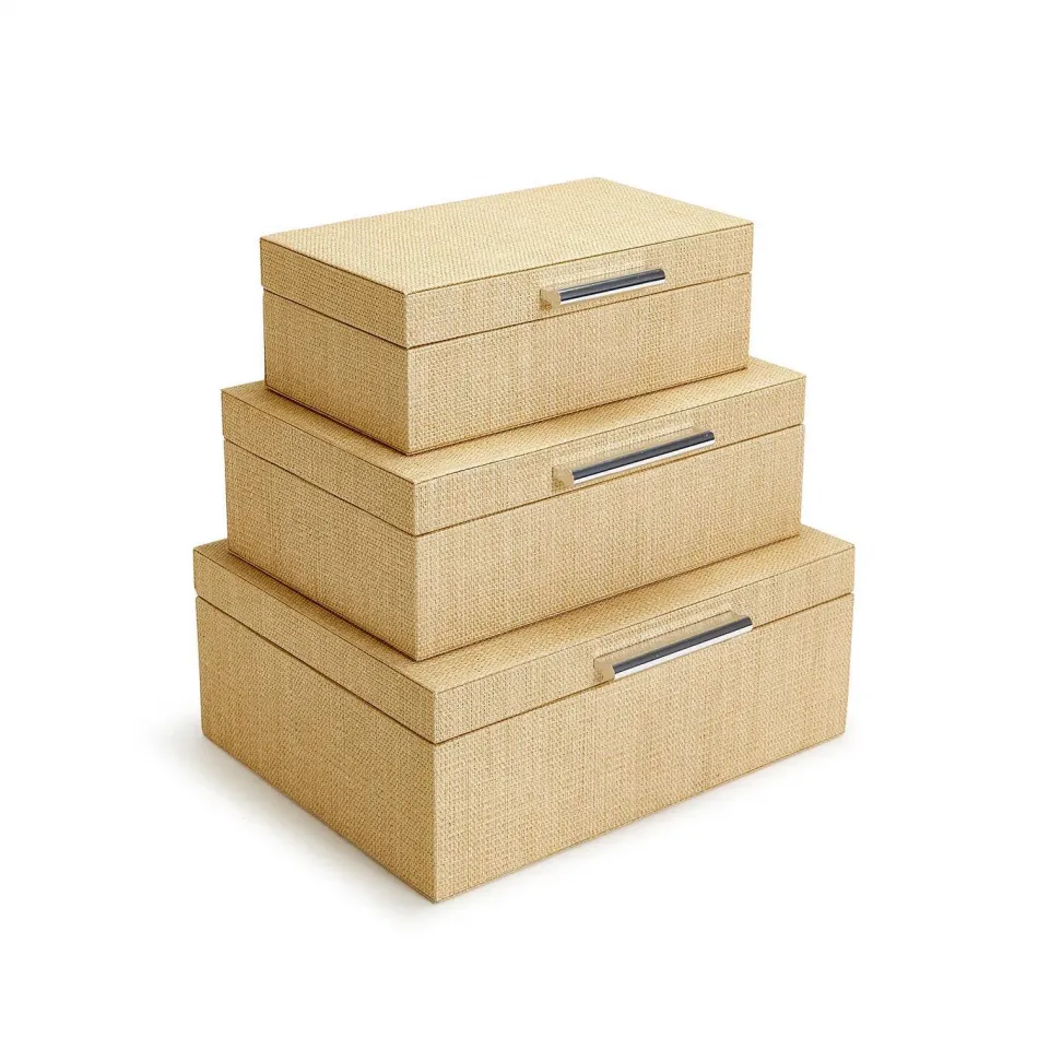 Set of 3 Terra Cane Hinged Boxes with Lining Natural Wood Pulp/Polyester/Metal