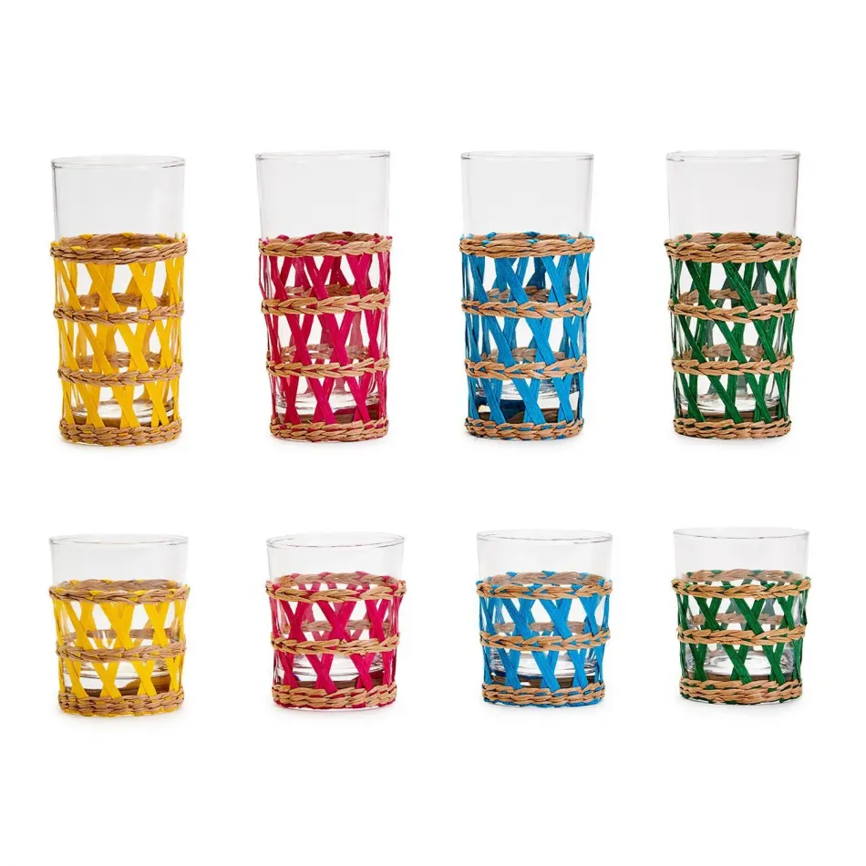 Hampton Chic Set of 24 Colorful Hand-Woven Lattice Drinking Glass Includes 2 Styles: Double Old Fashioned and Highball Glass Assorted 4 Colors: Yellow, Turquoise, Green, Pink Glass/Paper Yarn