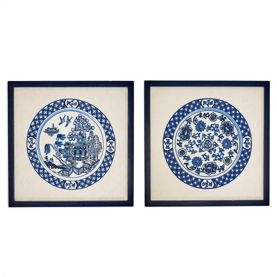 Blue and White Set of 2 Hand-Beaded Wall Art Includes 2 Designs: Floral and Blue Willow Glass Beads/Cotton/Wood