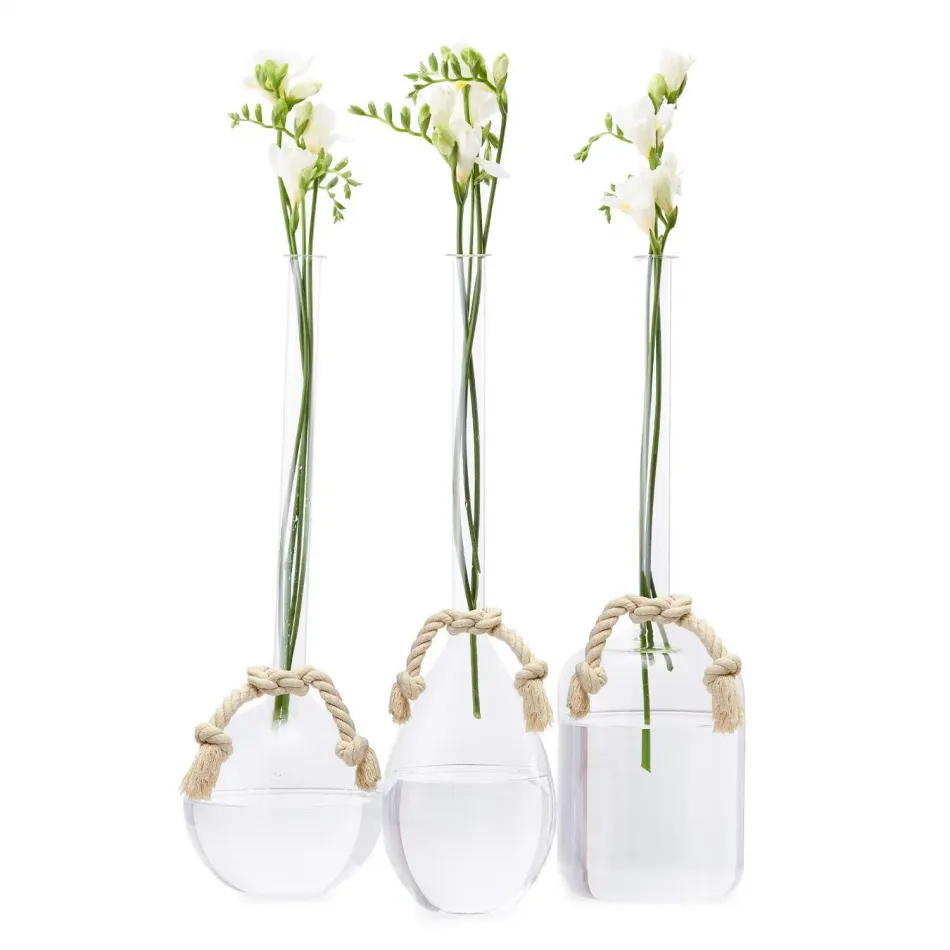 Sleek And Chic Vase Trio with Sage Green Ribbon and Knotted Rope Tie On Set Includes: Tear Drop, Round, Jug Vase and 3 Pcs of Knotted Rope Tie Ons Hand-Blown Glass/Cotton