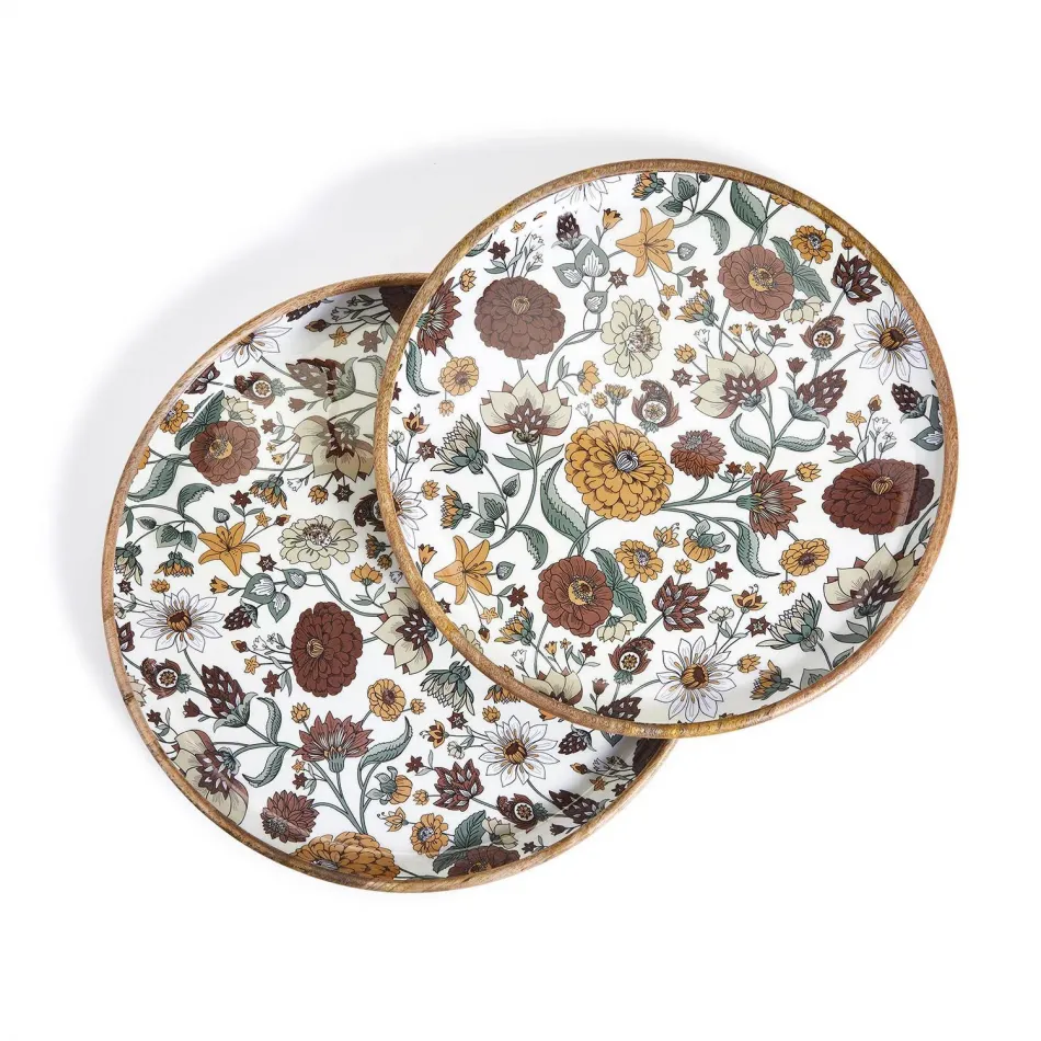 Naturally Floral Set of 2 Hand-Crafted Wood Round Trays Mango Wood/Lacquer