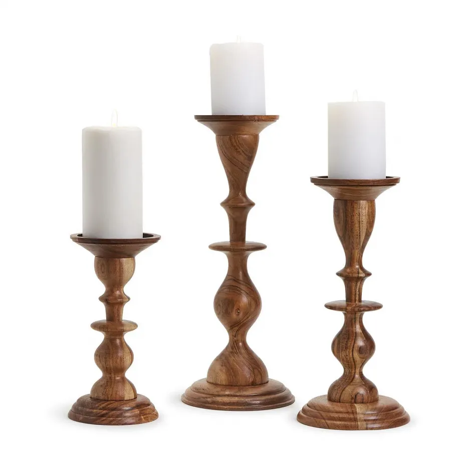 Natural Heights Set of 3 Hand-Crafted Pillar Candleholders Includes 3 Design/Sizes Acacia Wood/Iron