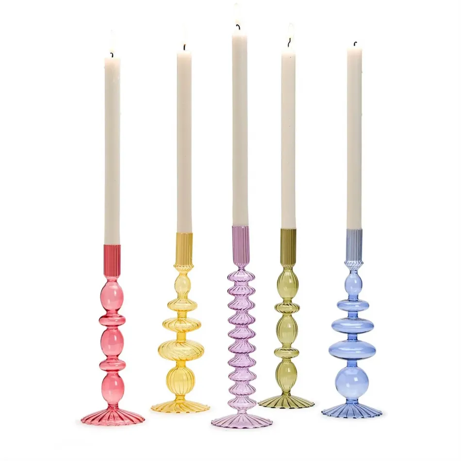 Set of 5 Hand-Blown Glass Tapered  Candleholders (Pink, Lavender, Blue, Yellow, Green) Hand-Blown Glass