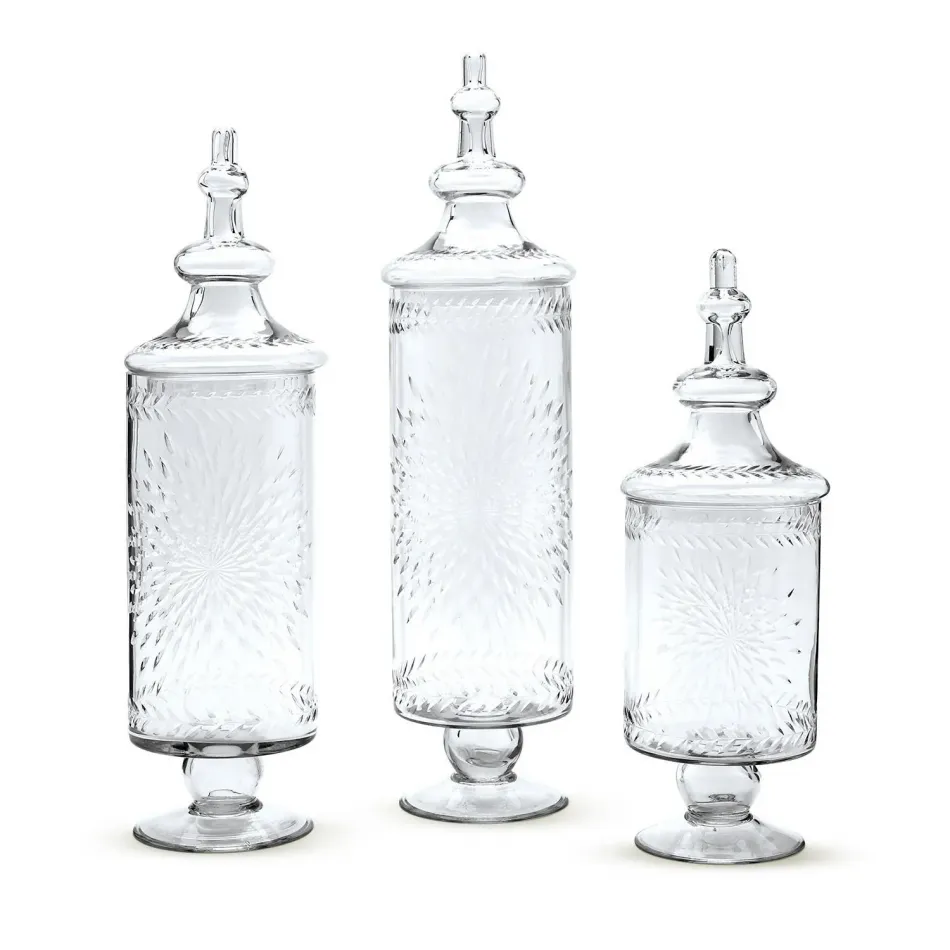 Set of 3 Hand-Etched Footed Apothecary Jars with Lid