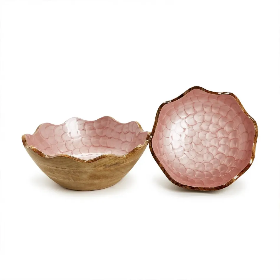 Set of Two Shimmering Rose Hand-Crafted Scalloped Edge Wood Bowl