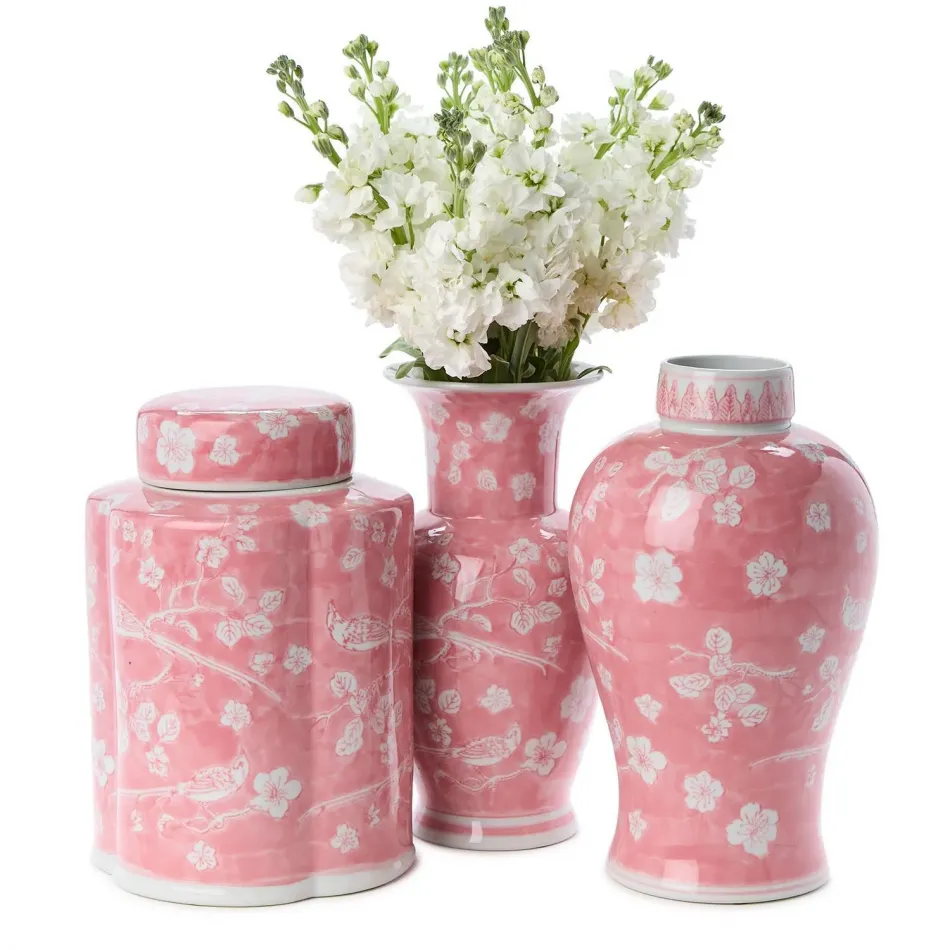 Hand-Painted Pink Chinoiserie Vases / Jar Set of 3