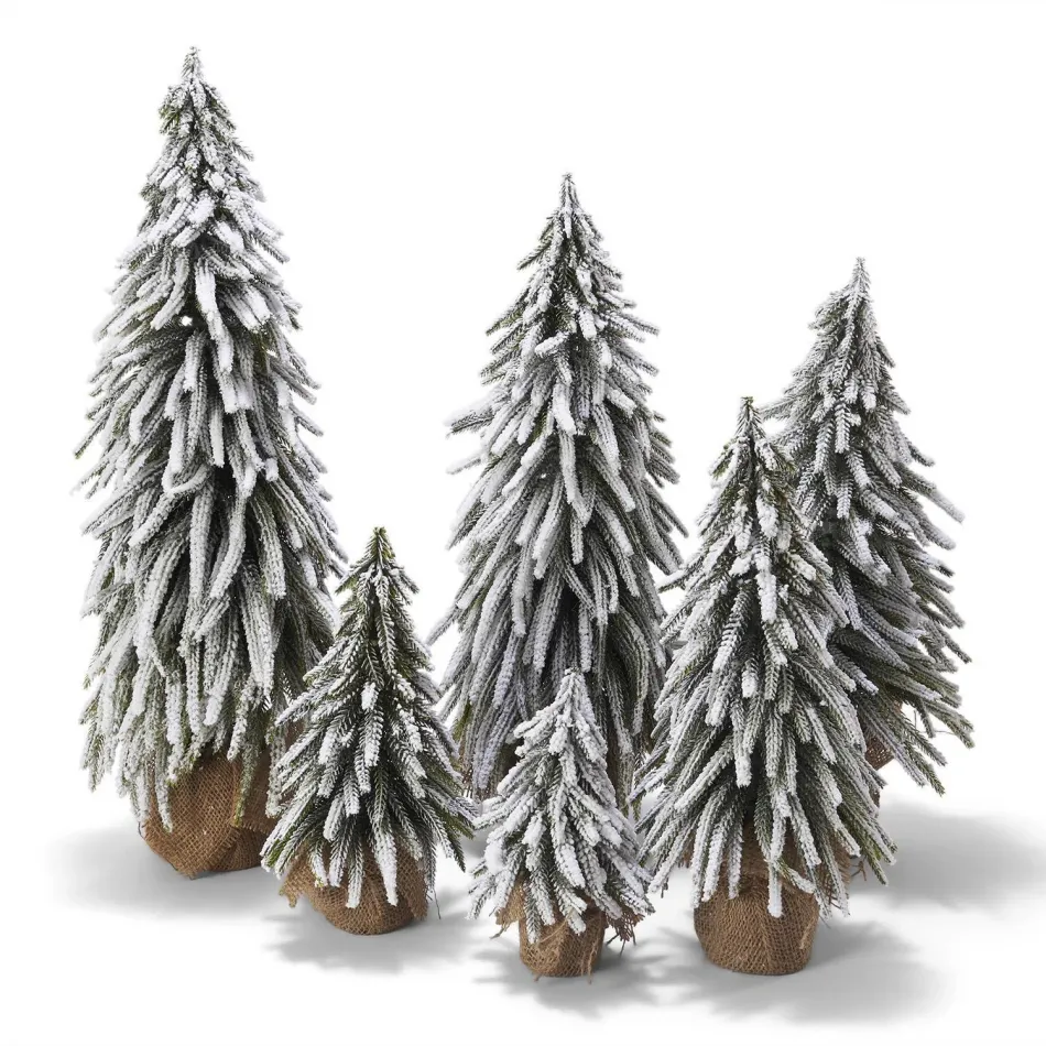 Set of 6 Snow Covered Christmas Trees with Jute Covered Wooden Base Plastic/Jute/Fir Wood