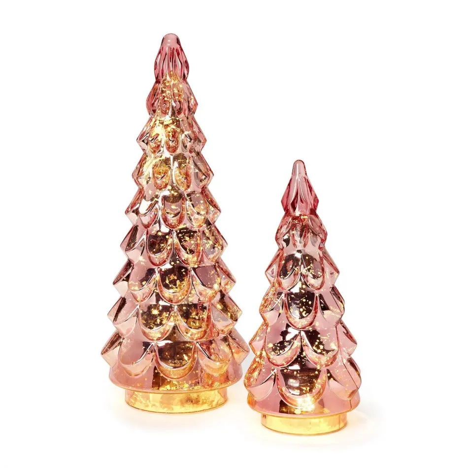 Set of 2 Large Pink Mercury Glass Finish Light-Up Christmas Trees