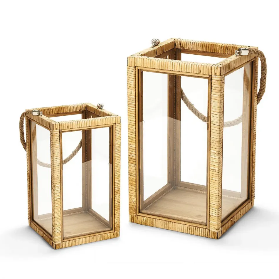 Bali Set of 2 Decorative Rattan Lanterns with Rope Handle Fir Wood/Rattan/Glass