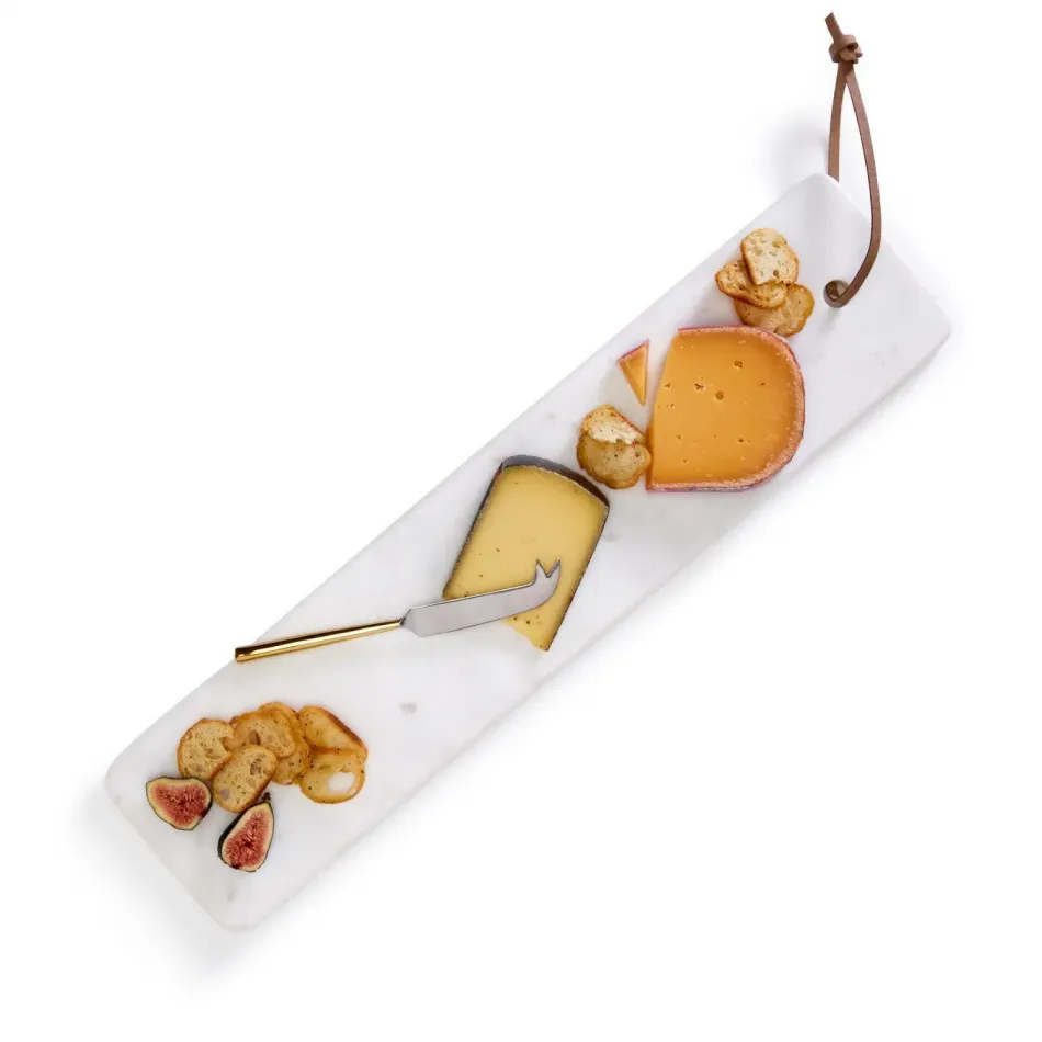 Perfectly Polished Elongated Solid Marble Serving Tray with Cheese Knife in Velvet Pouch Marble/Stainless Steel