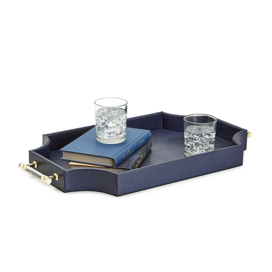Regency Decorative Navy Rectangle Tray with Scallop Sides and Gold Accent Acrylic HandlesVegan Leather