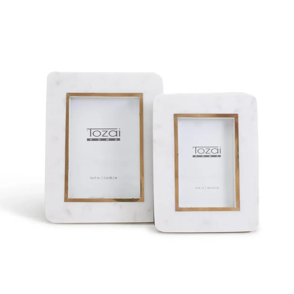 Hoxton Set of 2 White Marble Photo Frames with Rounded Edge and Brass Inlay (4" x 6", 5" x 7") Genuine Amazonite/Wood/Glass