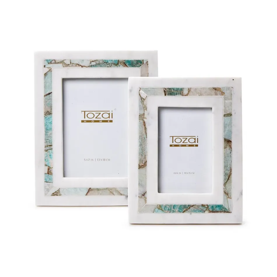 Amazonite Inlay Set of 2 White Marble Picture Frames in Gift Box (4" x 6", 5" x 7")