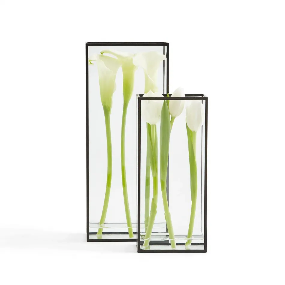 Windows Set of 2 Square Vases with Black Trim In 2 Sizes Glass/Metal