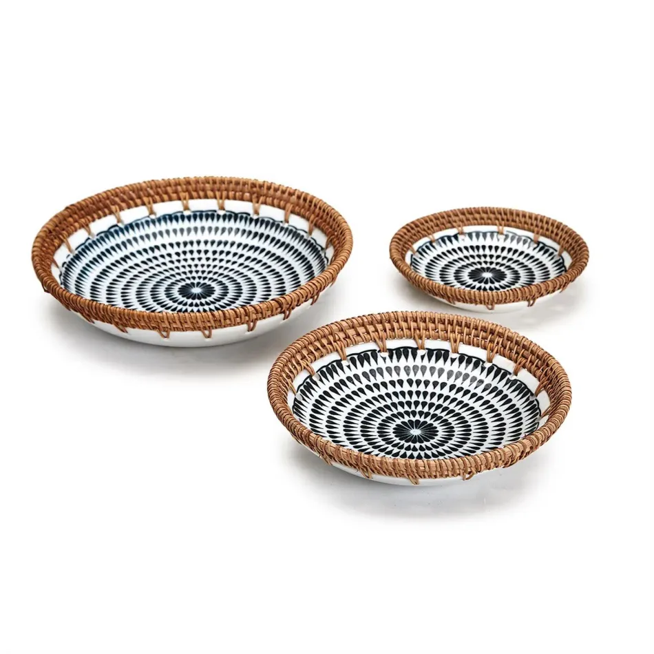 Sundial, Set of 3 Blue/White Pattern Dish/Hand Woven Basket Ceramic/Rattan