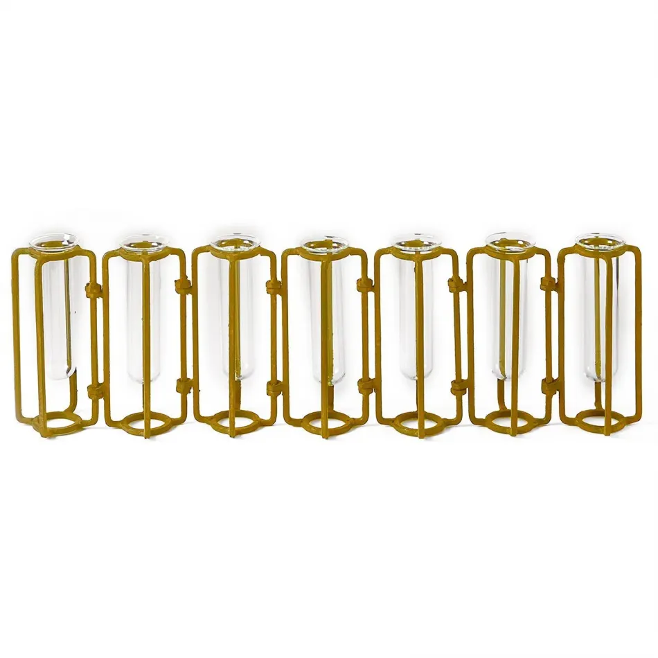 Lavoisier Set of 7 Hinged Flower Vases with Antiqued Gold Finish Metal/Glass